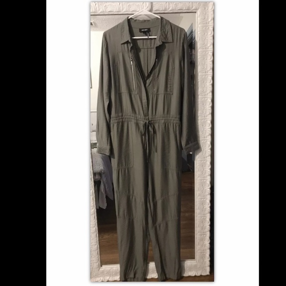 Dkny Womens Button Front Drawstring Jumpsuit Olive - image 3
